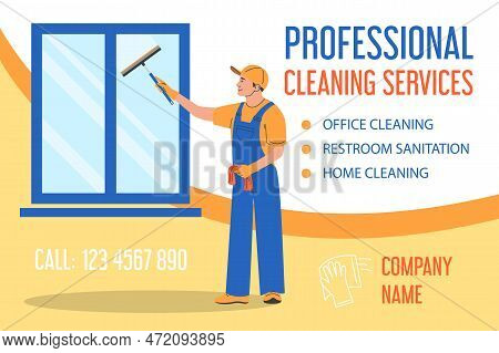 Professional Cleaning Service Vector Web Banner Template. Man Cleaning Window Using Squeegee Vector 