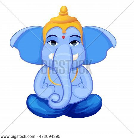 Little Cute Ganesh, Religious Traditional God Elephant Blue Color In Cartoon Character Isolated On W