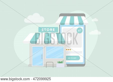 Hybrid Shopping Concept - Customers Make Purchases Both In Physical Retail And Online Store. Offline