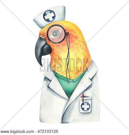 Yellow Parrot Is A Doctor, In A Medical Gown And A Cap With Pince-nez. Watercolor Illustration. Isol
