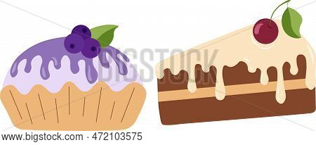 Vector Sweets. Peace Of Cake. Desserts With Cherry, Blueberry.