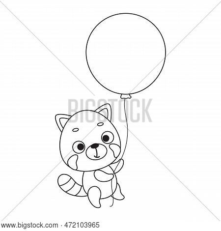 Coloring Page Cute Little Red Panda Flies On Balloon. Coloring Book For Kids. Educational Activity F