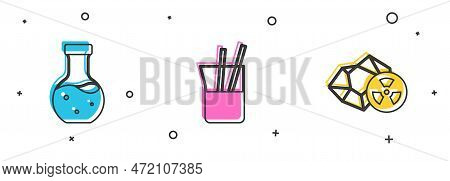Set Test Tube, Laboratory Glassware And Radioactive Icon. Vector