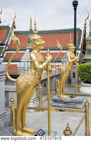Gold Statue Of Kinnari , Mythical Creature Half Human Half Bird, At Temple Of Emerald Buddha, Grand 