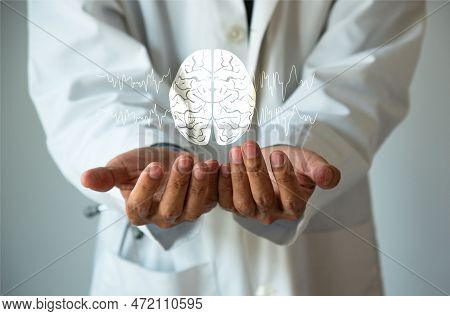 Doctor Holding A Brain Model In His Hands. Brain And Brain Waves Illustration. Health Care Concept.