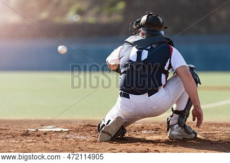 Baseball Catcher During Game, Baseball Catcher Reaching To Catch Ball