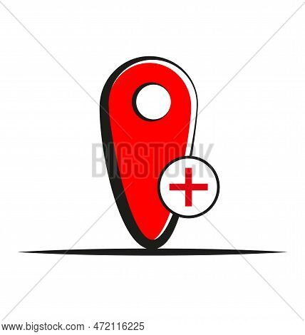A Red Pointer On The Map With A Plus Sign Indicates A Pharmacy Or Medical Facility.