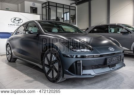 Prague, Czech Republic, March 3. 2023: Ioniq 6 New Model Electric Car From Hyundai In Car Dealership