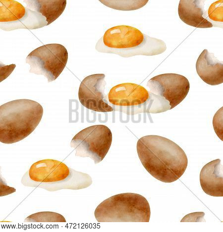 Watercolor Eggs Seamless Pattern. Hand Drawn Brown Chicken Egg With Yolk And Glair Repeated Illustra