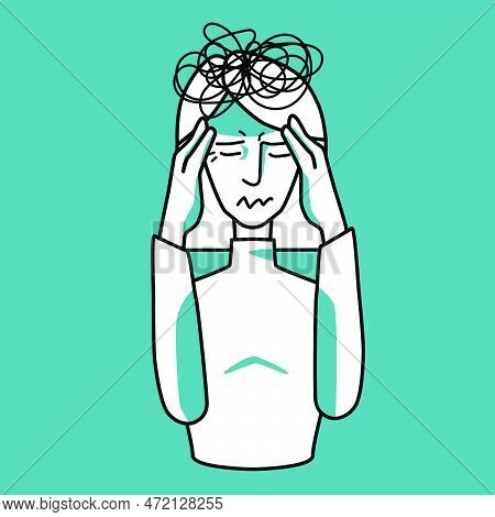 Stressed Woman Character, Emotion Of Anxiety, Mint And White. Stressful Mood Of A Female, Worried Ma
