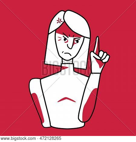 Angry Woman, Annoyed Emotion, Red And White. Irritated Half Body Female Line Drawing With Spots, Evi