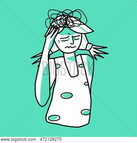 Stressed Girl, Emotion Of Anxiety, Mint And White. Stressful Mood Of A Teenager, Worry Female Adoles