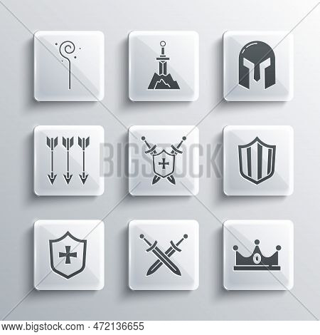 Set Crossed Medieval Sword, King Crown, Shield, Medieval Shield With Swords, Arrows, Magic Staff And