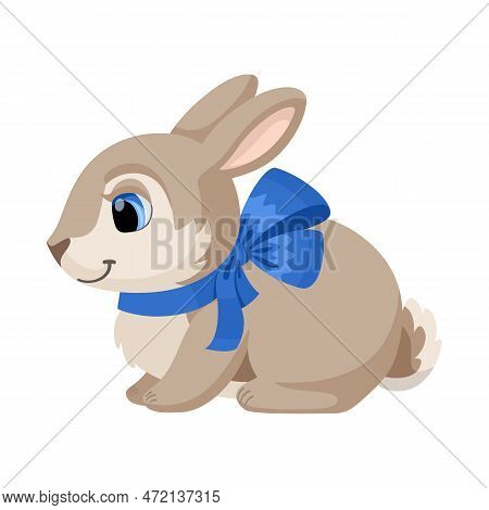 Cute Easter Bunny With A Bow. Brown Decorative Rabbit Sitting. Vector Cartoon Illustration Of A Rabb