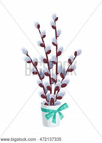 Easter Willow Branches In A Vase With A Bow. Cartoon Bouquet Of Willow Twigs With Fluffy Buds. Isola