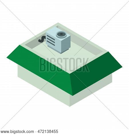 Green Roof Icon Isometric Vector. Home Roof With Outdoor Unit Of Air Conditioner. Construction And R
