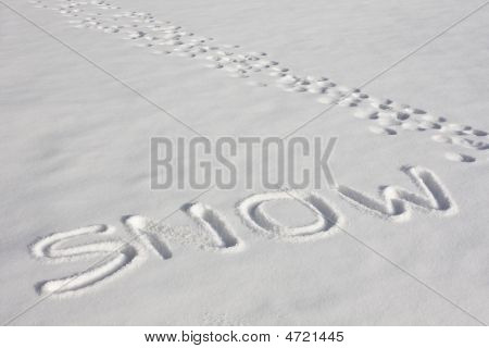 Neve scritto In un campo nevoso accanto a impronte