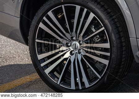 Antalya, Turkey - February 18, 2023:      Close-up Car Wheel  Volvo With Aluminum Alloy Wheel And Ne