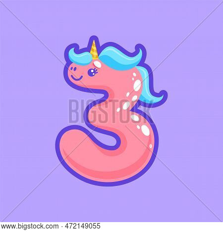 Three Digit Abc Font Element, Unicorn Font Cartoon Numeral, Calendar, Calculator Element. Vector Fig