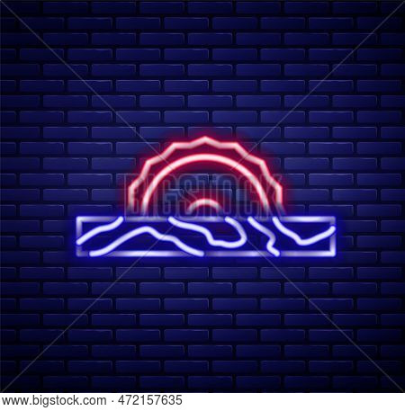 Glowing Neon Line Electric Circular Saw With Steel Toothed Disc Icon Isolated On Brick Wall Backgrou