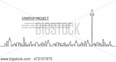 Space Rocket Launch To The Sky And City On Background. Vector Line Concept