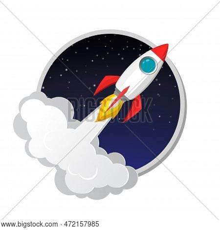 Space Rocket Launch Model Icon And Flame On Night Sky And Smoke Backgruond. Logo Or Banner