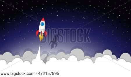 Space Rocket Launch To The Night Sky, Stars And Clouds On Background. Vector Paper Art Or Paper Cut