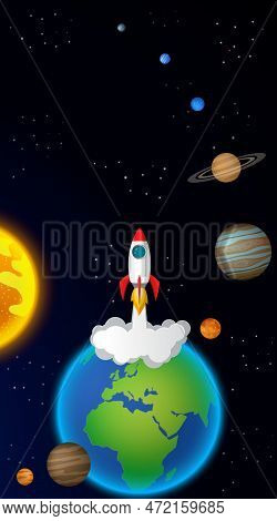 Space Rocket Launch From The Earth To Our Solar System Which Light Starts, Asteroid Belt And Univers
