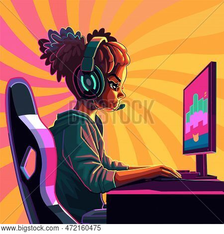 African Girl Gamer Or Streamer With A Headset Sits In Front Of A Computer