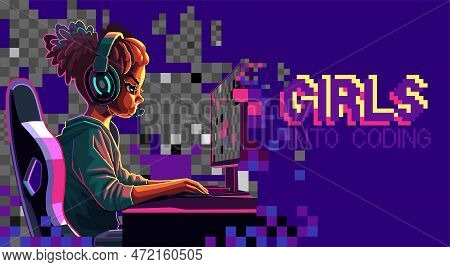 African Girl Programmer With A Headset Sits In Front Of A Computer