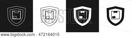 Set Delivery Security With Shield Icon Isolated On Black And White Background. Delivery Insurance. I