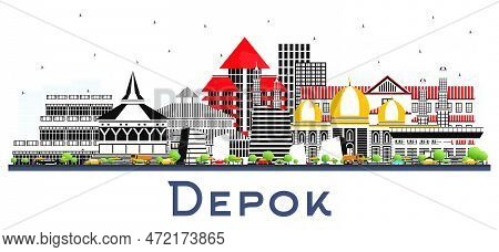 Depok Indonesia City Skyline With Color Buildings Isolated On White. Vector Illustration. Business T