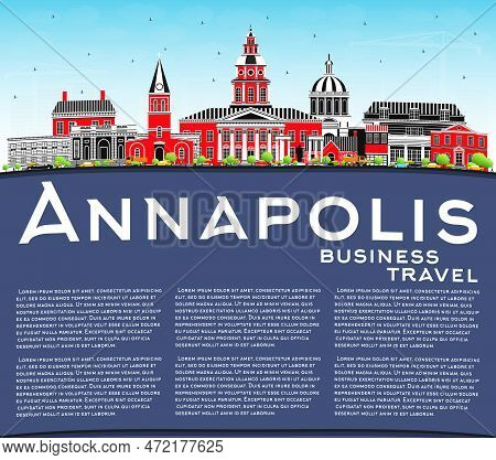 Annapolis Maryland City Skyline With Color Buildings, Blue Sky And Copy Space. Vector Illustration. 