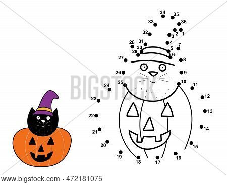 Dot To Dot Game For Kids. Connect The Dots And Draw A Cat In Hat On Pumpkin