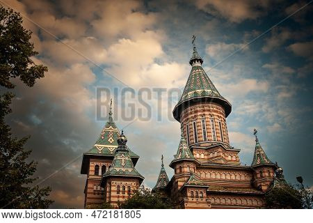 Steeple Of The Timisoara Metropolitan Cathedral, Or Catedrala Mitropolitana, At Dusk. The Metropolit