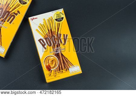 Bangkok, Thailand - March 7, 2023 : Biscuit Stick Box With Pocky Brand, Pocky Nutty Almond Flavour, 