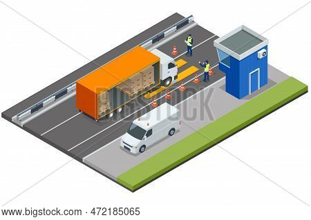 Isometric Container Car On The Weighing Scale Cargo Transport, Truck Trailer With Container. Loaded 