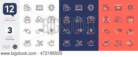 Set Of 360 Degree, Freezing And Repair Document Line Icons. Include Medical Drugs, Video Conference,