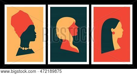 Abstract Boho Posters Set. Minimal Retro Wall Art With Woman Profile Portrait. Simple Shapes Silhoue