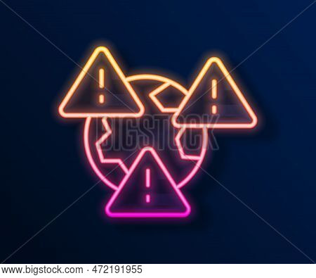 Glowing Neon Line Planet Earth Symbol With Exclamation Mark Icon Isolated On Black Background. Globa
