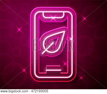 Glowing Neon Line Smartphone, Mobile Phone With Leaf Icon Isolated On Red Background. Vector