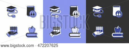 Set Book With Apple, Graduation Cap Mouse, Donation And Audio Book Icon. Vector