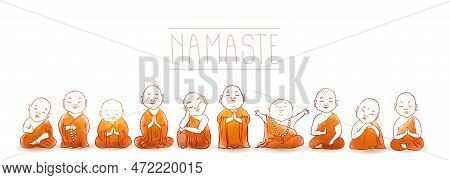 Cute Buddhist Monks Hand Drawn With Ink. Traditional Oriental Ink Painting Sumi-e, U-sin, Go-hua. Il