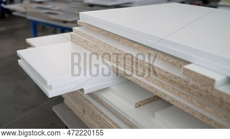 Wood Material For Furniture Production. Samples Of Chipboard And Mdf Panels For Furniture Production