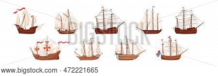 Old Wooden Ships With Sails And Fluttering Flags Vector Set