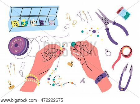 Cartoon Bracelet Made Hands Concept Color Different Elements Jewelry Making Tools Set Flat Design St