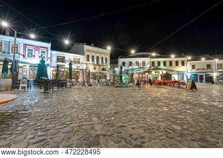 Korce Albania - 01.03.2023: Old Bazaar Of Korca City Filled With No People At Night