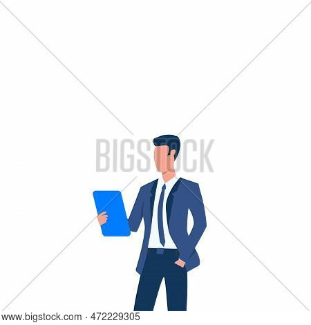 Illustration Of A Businessman Standing Holding His Tablet Presenting New Amazing Ideas. Man In Forma