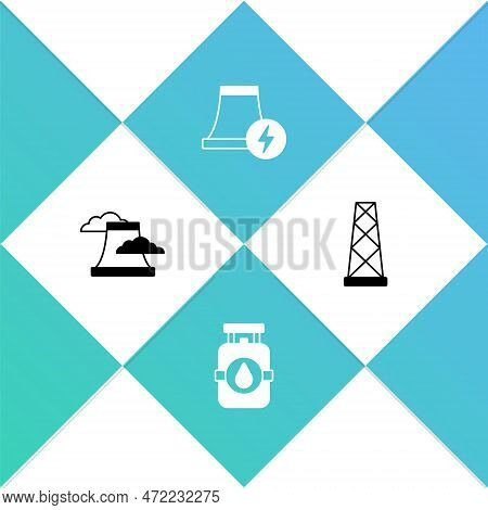 Set Nuclear Power Plant, Propane Gas Tank, And Antenna Icon. Vector