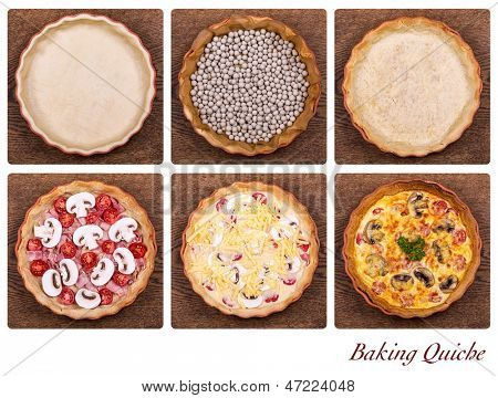 A collage showing the stages of baking a quiche, from pastry through baking blind to the finished product.